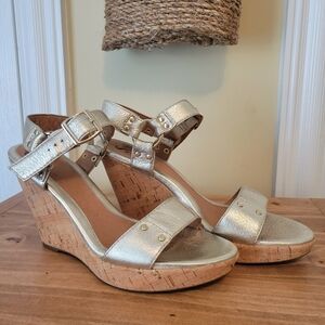 Sofft Gold Leather Wedge Sandals
